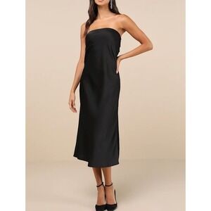 NWT Lulus Effortless Bliss Black Satin Strapless Cowl Back Midi Dress Size L